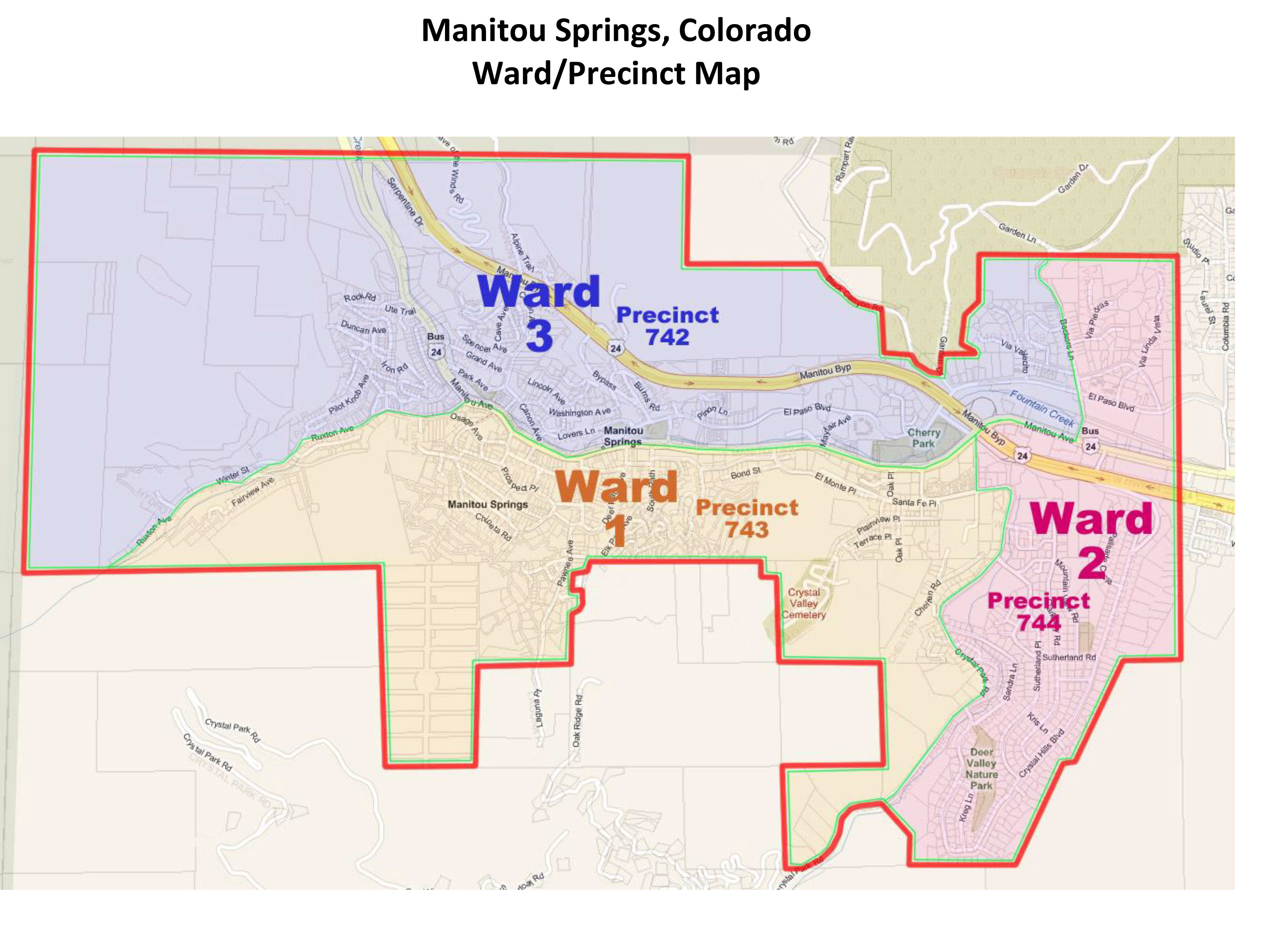 Manitou Springs Ward and Precinct Map showing Ward 3 boundaries and neighboring Ward 1 and Ward 2 areas